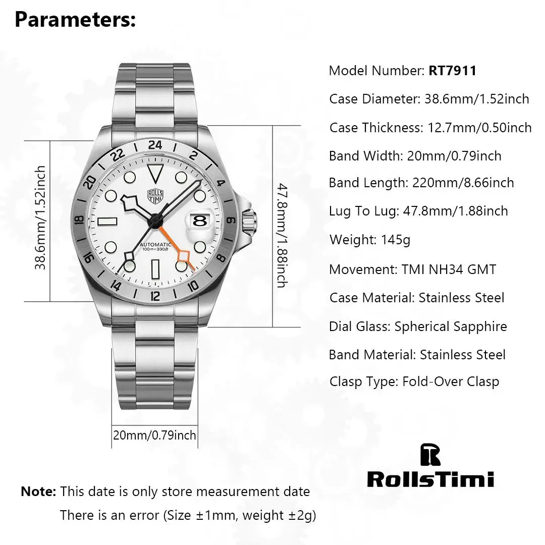 RollsTimi New GMT Automatikuhr RT-7911 mit NH34A Uhrwerk in Edelstahl Michas.Zeithaus
