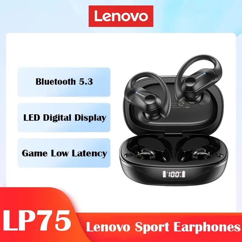 Lenovo LP75 TWS Drahtlose Bluetooth V5.3 Kopfhörer IPX5 Digital Display Ohrbügel Ohrhörer HiFi Stereo Noise Reduction Kopfhörer