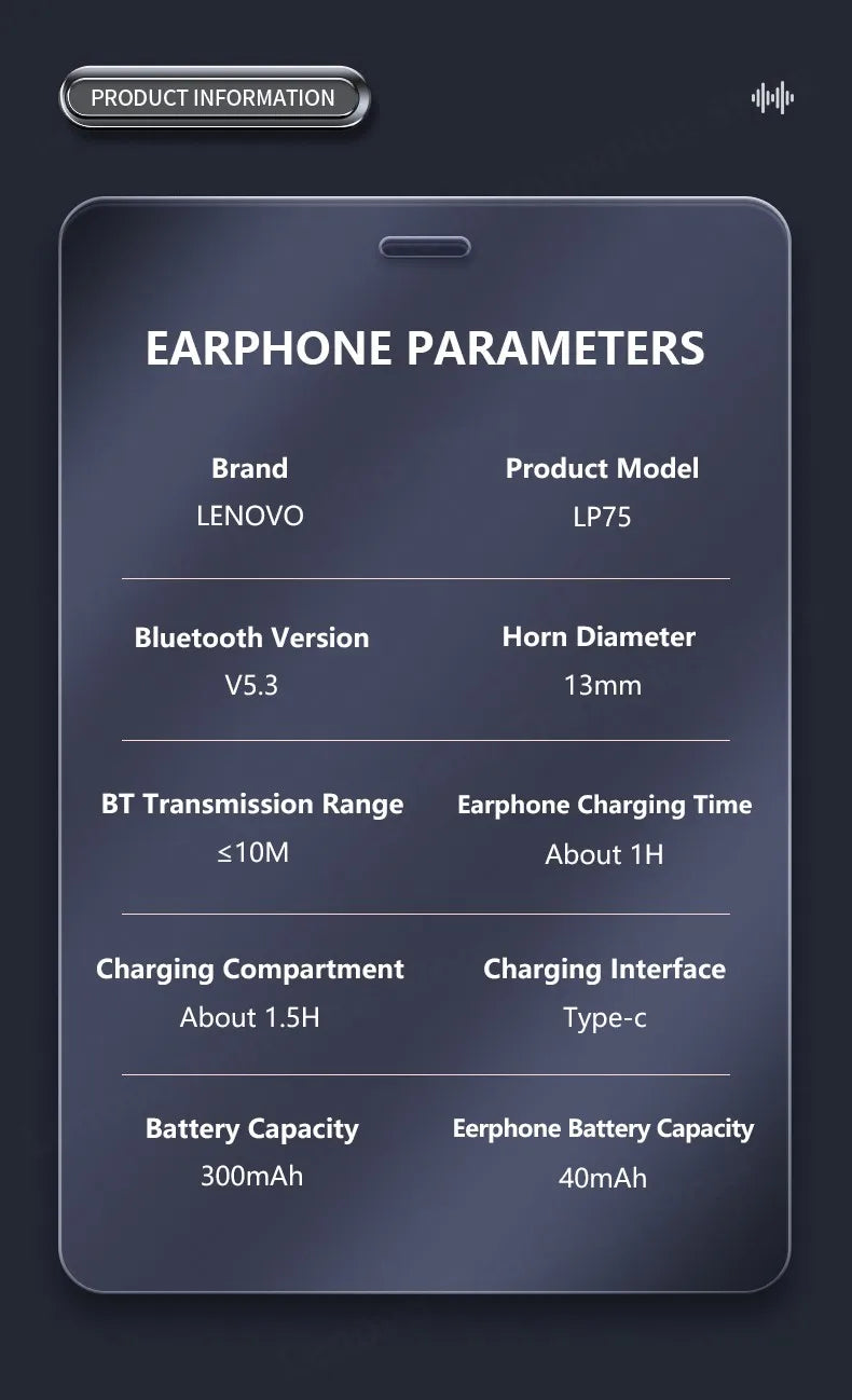 Lenovo LP75 TWS Drahtlose Bluetooth V5.3 Kopfhörer IPX5 Digital Display Ohrbügel Ohrhörer HiFi Stereo Noise Reduction Kopfhörer