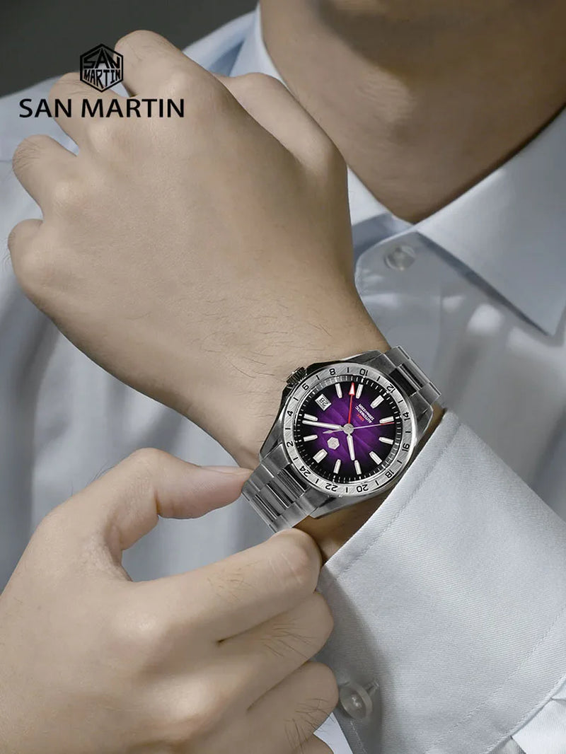 San Martin 39 Mm Lila Wüstentextur-Zifferblatt, Luxuriöse Automatikuhr mit NH34 GMT, Uhrwerk, Wasserdicht, 100 M Leuchtend, SN0129