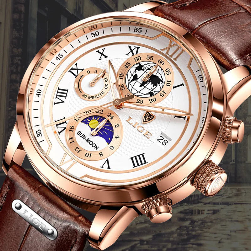 LIGE Quarzuhr mit Chronograph + Box Modell LG8974