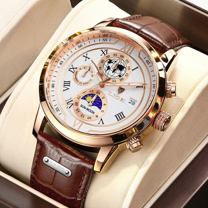 LIGE Quarzuhr mit Chronograph + Box Modell LG8974