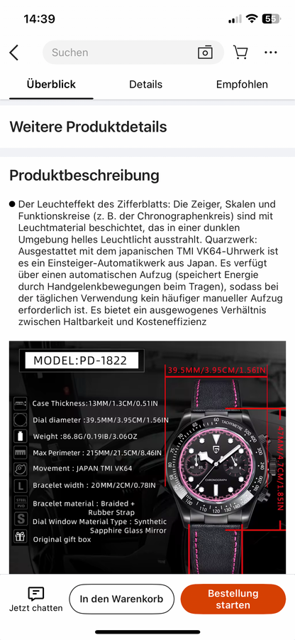 Pagani Design Quarzuhr PD-1822 mit Chronograph