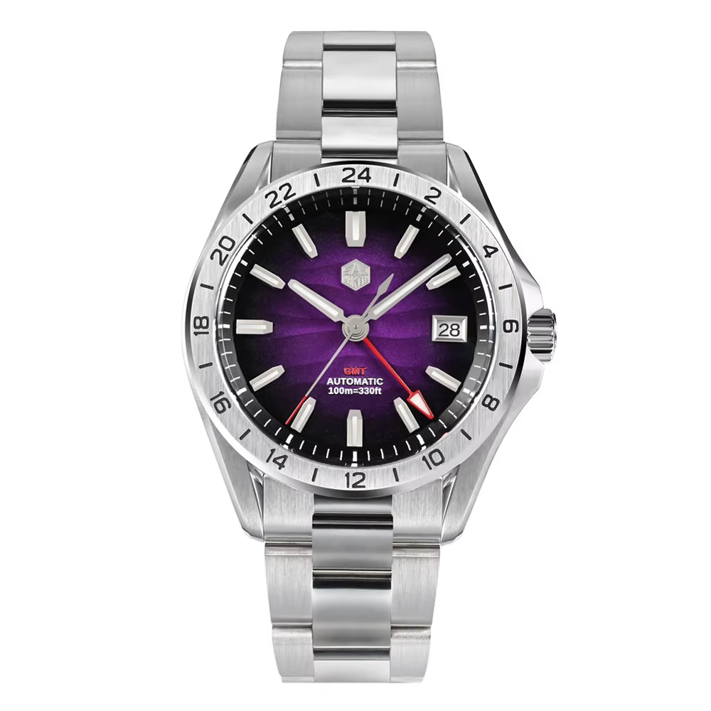 San Martin 39 Mm Lila Wüstentextur-Zifferblatt, Luxuriöse Automatikuhr mit NH34 GMT, Uhrwerk, Wasserdicht, 100 M Leuchtend, SN0129