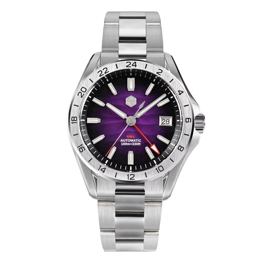 San Martin 39 Mm Lila Wüstentextur-Zifferblatt, Luxuriöse Automatikuhr mit NH34 GMT, Uhrwerk, Wasserdicht, 100 M Leuchtend, SN0129