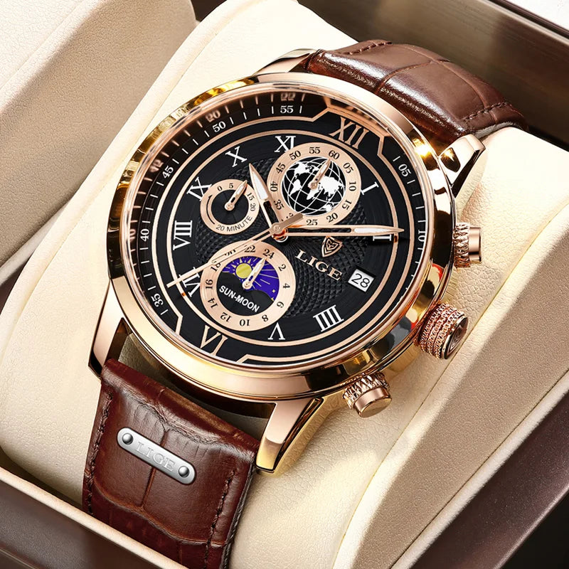 LIGE Quarzuhr mit Chronograph + Box Modell LG8974
