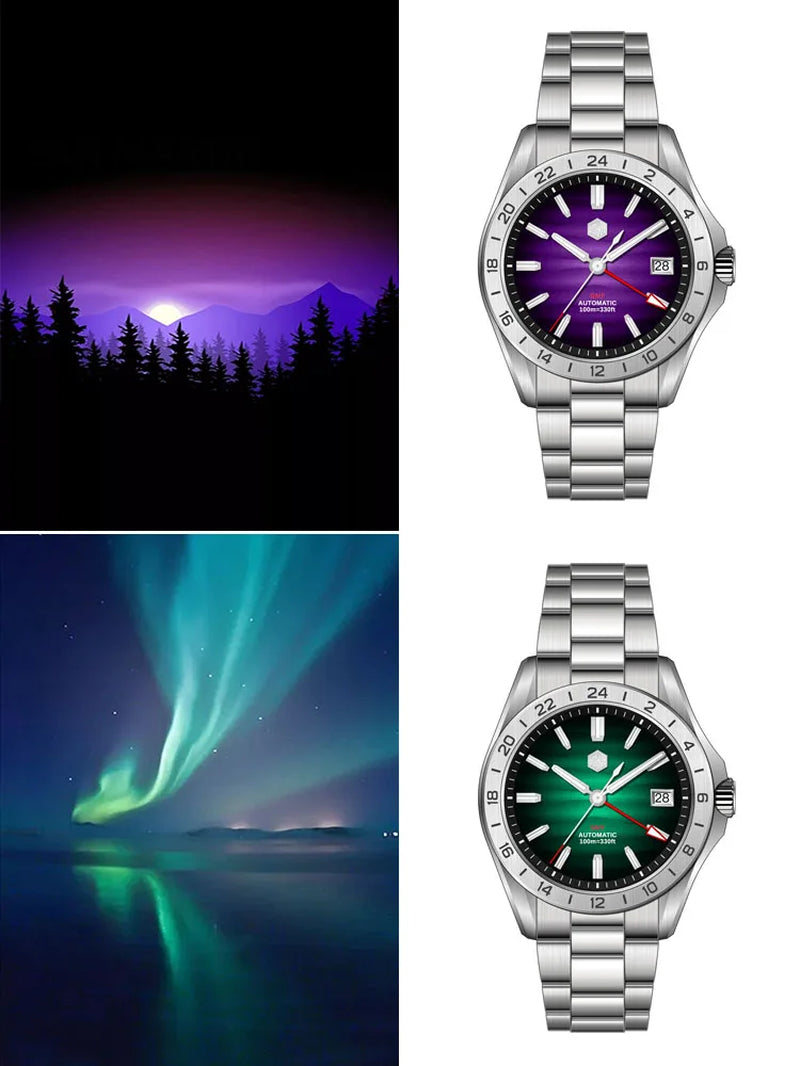 San Martin 39 Mm Lila Wüstentextur-Zifferblatt, Luxuriöse Automatikuhr mit NH34 GMT, Uhrwerk, Wasserdicht, 100 M Leuchtend, SN0129