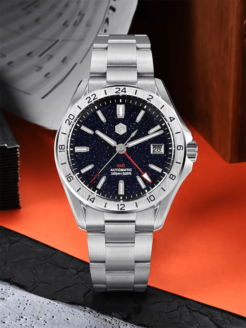 San Martin 39mm Aventurine Gemstone NH34 GMT Automatikuhr - Michas.Zeithaus
