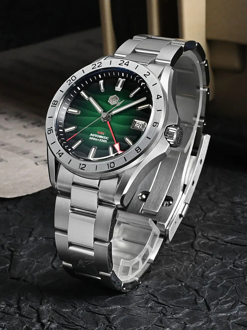 San Martin 39 Mm Lila Wüstentextur-Zifferblatt, Luxuriöse Automatikuhr mit NH34 GMT, Uhrwerk, Wasserdicht, 100 M Leuchtend, SN0129