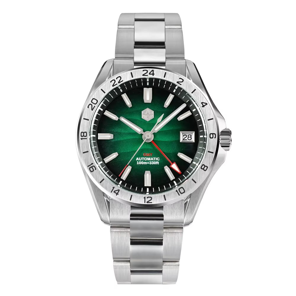 San Martin 39 Mm Lila Wüstentextur-Zifferblatt, Luxuriöse Automatikuhr mit NH34 GMT, Uhrwerk, Wasserdicht, 100 M Leuchtend, SN0129