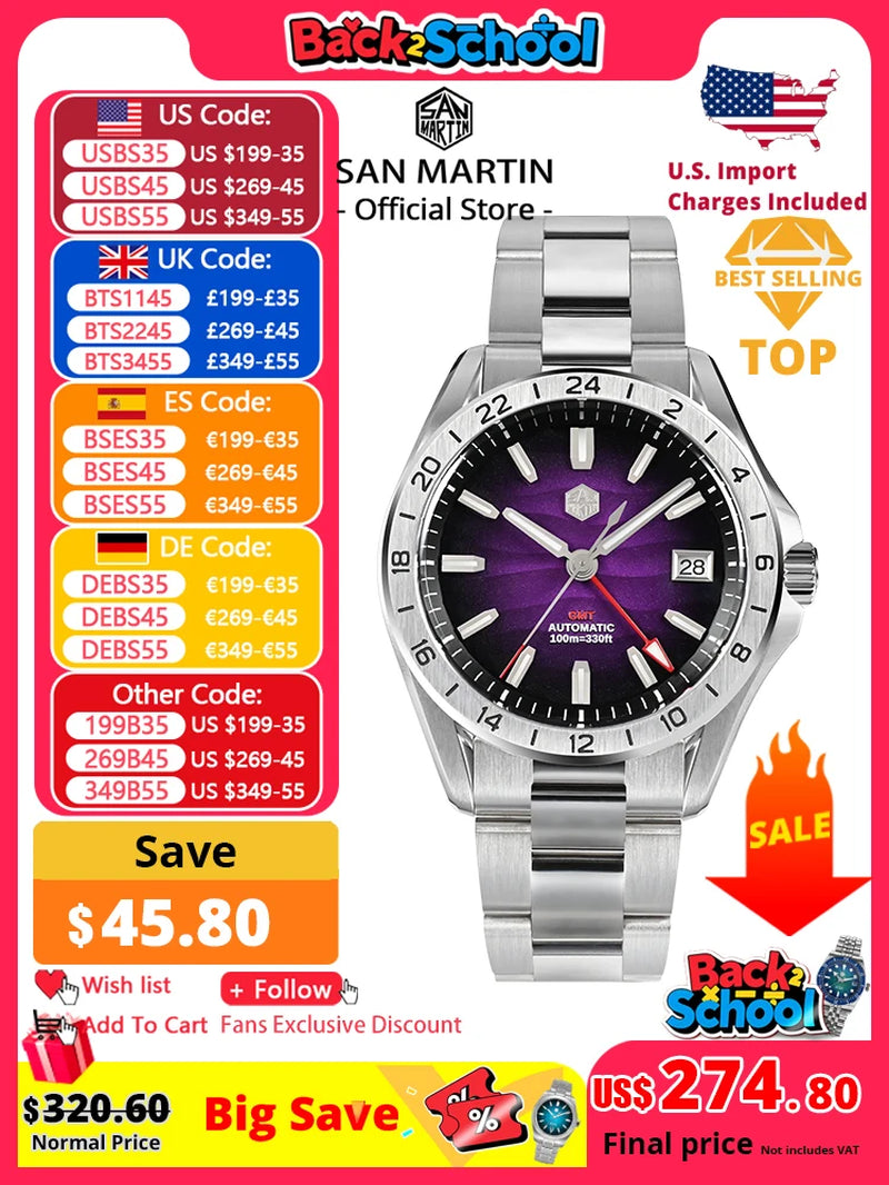 San Martin 39 Mm Lila Wüstentextur-Zifferblatt, Luxuriöse Automatikuhr mit NH34 GMT, Uhrwerk, Wasserdicht, 100 M Leuchtend, SN0129