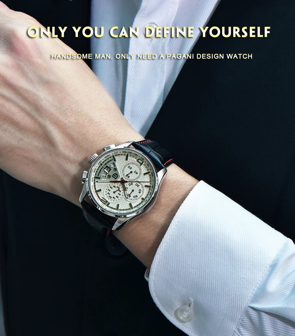 Pagani Design 3306 Luxury Leather Strap Multifunction Quartz Watch+ Chronograph - Michas.Zeithaus