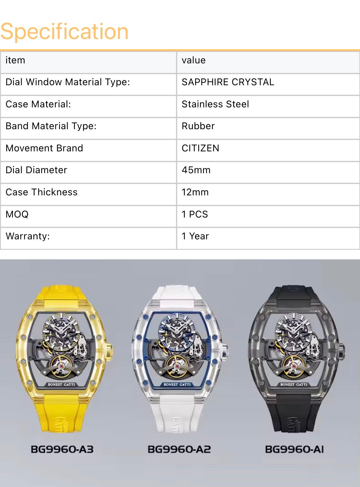 Bonest Gatti Fashion Sapphire Automatic Watch BG9960