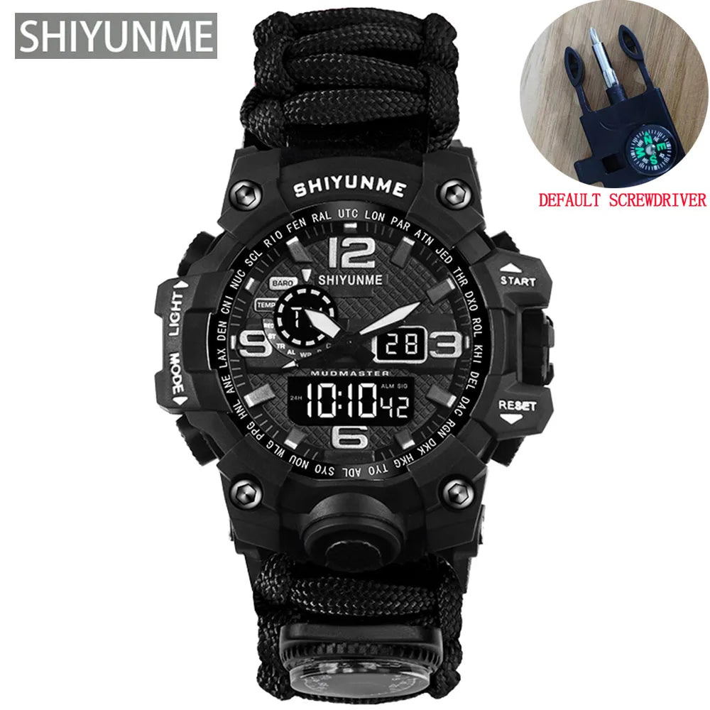 SHIYUNME Outdoor Survival Men Watch Multifunctional Waterproof Military Tactical Paracord Watch Compass Thermometer Quartz Watch