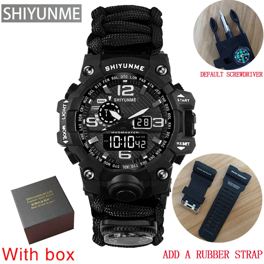 SHIYUNME Outdoor Survival Men Watch Multifunctional Waterproof Military Tactical Paracord Watch Compass Thermometer Quartz Watch