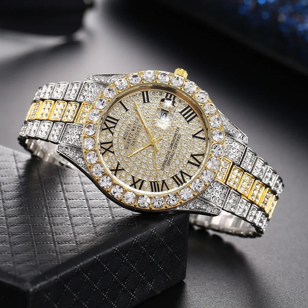 Hip Hop Diamond Bling Watch Men Gold Color Men’s Quartz Watches Luxury Male Clock