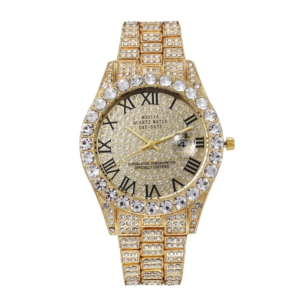 Hip Hop Diamond Bling Watch Men Gold Color Men’s Quartz Watches Luxury Male Clock