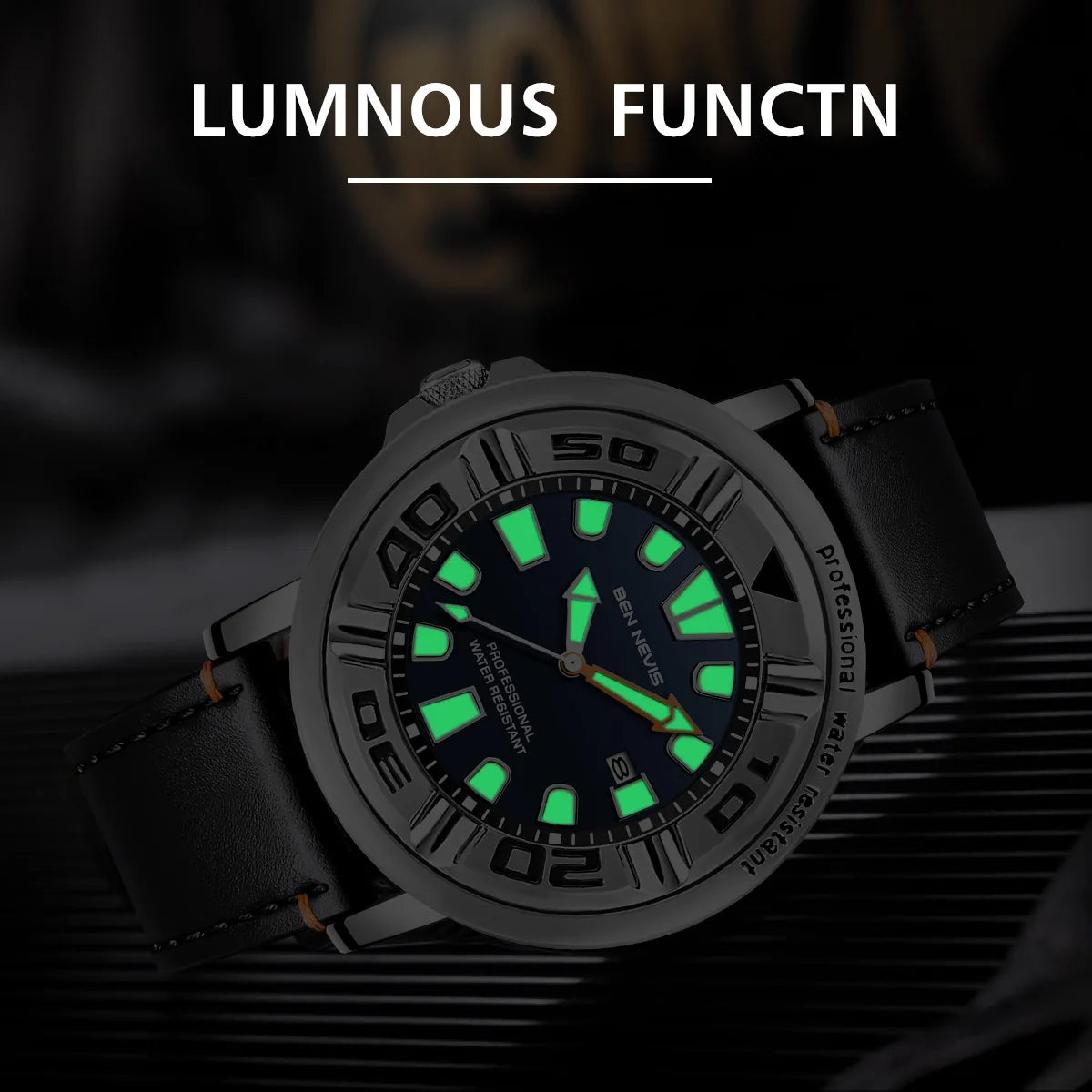 48mm Men Luminous Quartz Watch Leather Strap Wristwatch install Quartz Movement Luxury Crown at 9.0 Diving Men Wristwatch