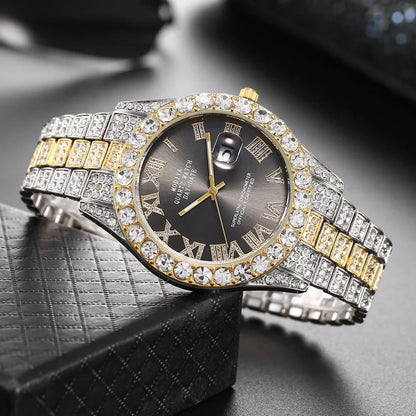 Hip Hop Diamond Bling Watch Men Gold Color Men’s Quartz Watches Luxury Male Clock