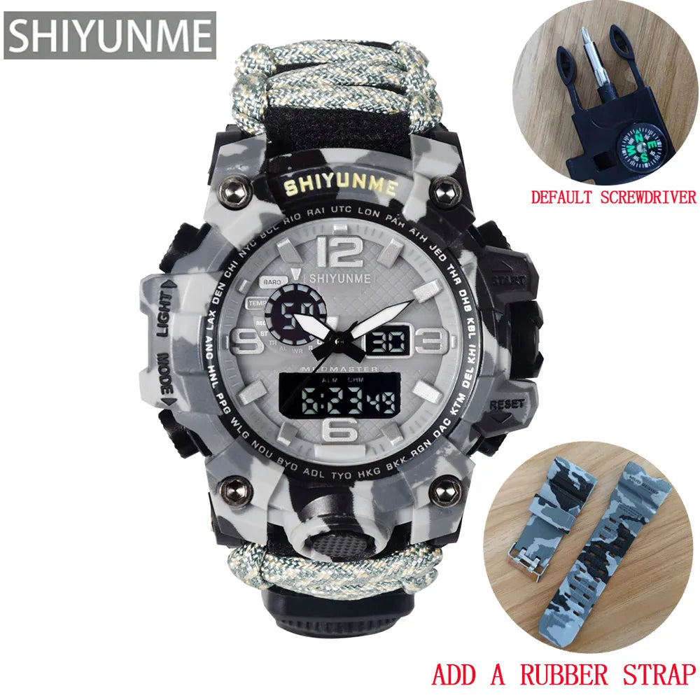 SHIYUNME Outdoor Survival Men Watch Multifunctional Waterproof Military Tactical Paracord Watch Compass Thermometer Quartz Watch