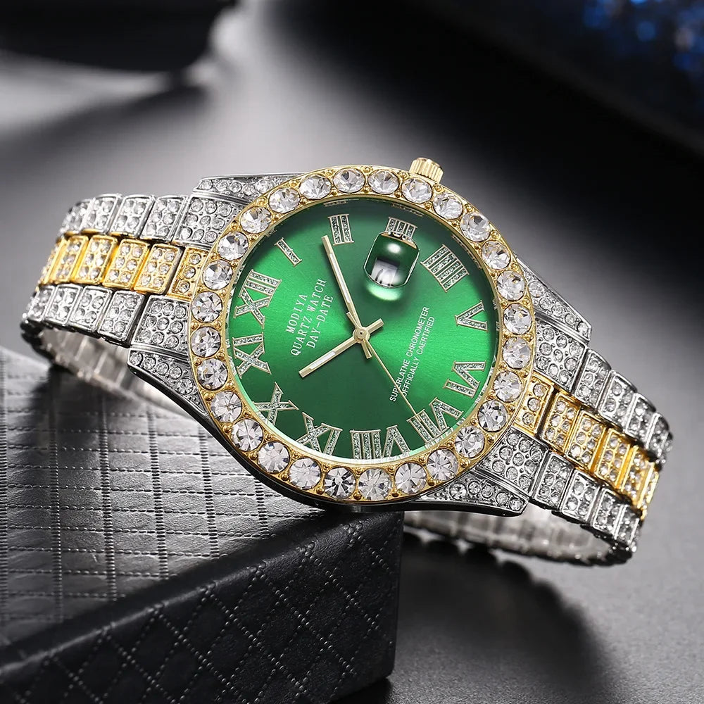 Hip Hop Diamond Bling Watch Men Gold Color Men’s Quartz Watches Luxury Male Clock