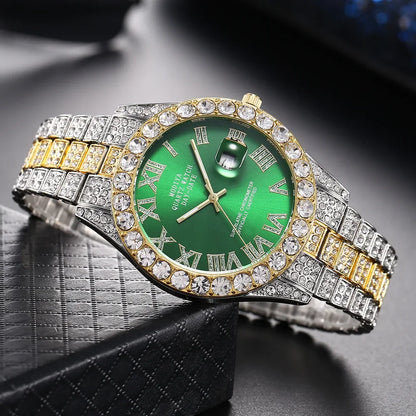Hip Hop Diamond Bling Watch Men Gold Color Men’s Quartz Watches Luxury Male Clock