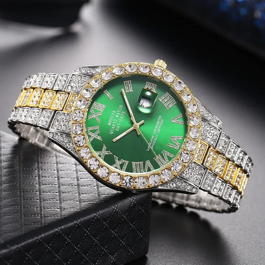 Hip Hop Diamond Bling Watch Men Gold Color Men’s Quartz Watches Luxury Male Clock