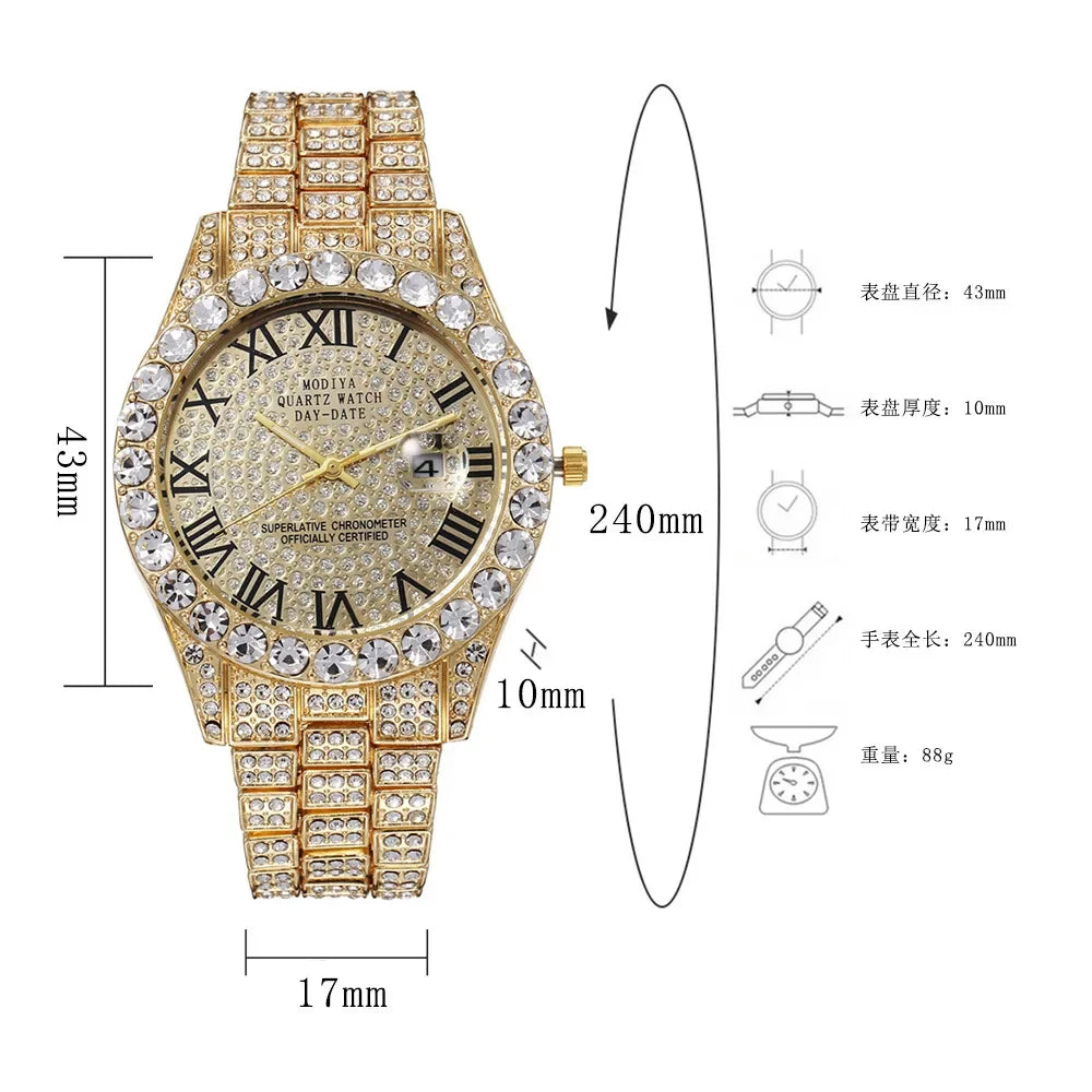 Hip Hop Diamond Bling Watch Men Gold Color Men’s Quartz Watches Luxury Male Clock