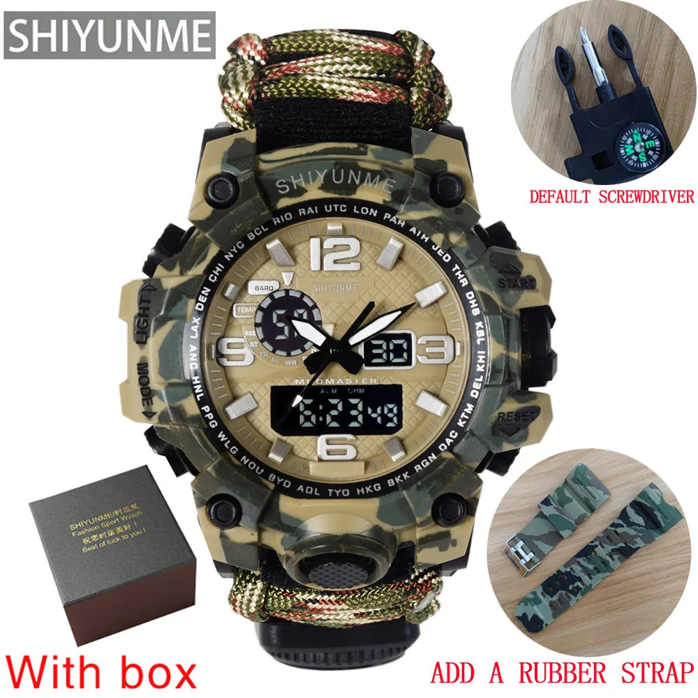 SHIYUNME Outdoor Survival Men Watch Multifunctional Waterproof Military Tactical Paracord Watch Compass Thermometer Quartz Watch