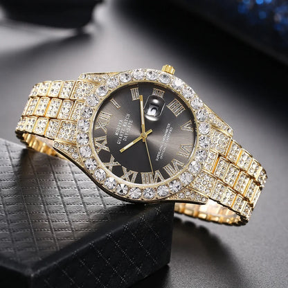 Hip Hop Diamond Bling Watch Men Gold Color Men’s Quartz Watches Luxury Male Clock