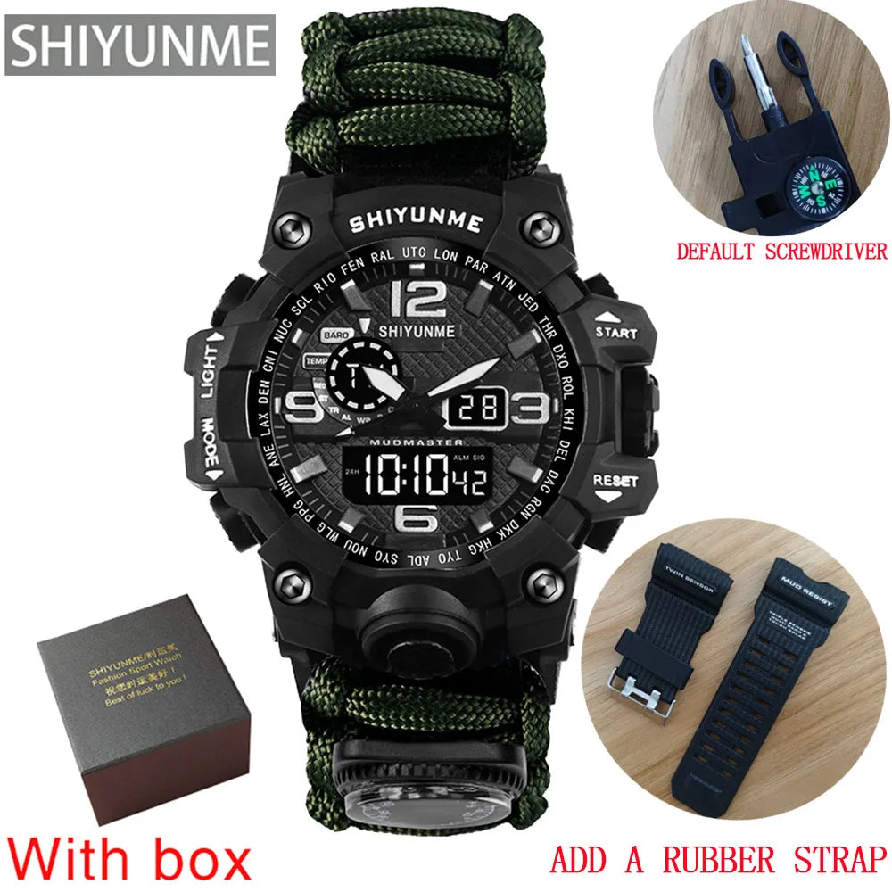 SHIYUNME Outdoor Survival Men Watch Multifunctional Waterproof Military Tactical Paracord Watch Compass Thermometer Quartz Watch