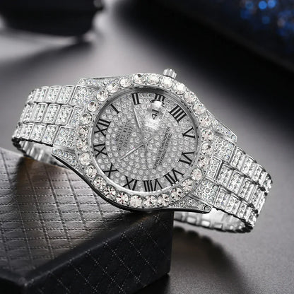 Hip Hop Diamond Bling Watch Men Gold Color Men’s Quartz Watches Luxury Male Clock