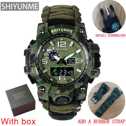 SHIYUNME Outdoor Survival Men Watch Multifunctional Waterproof Military Tactical Paracord Watch Compass Thermometer Quartz Watch