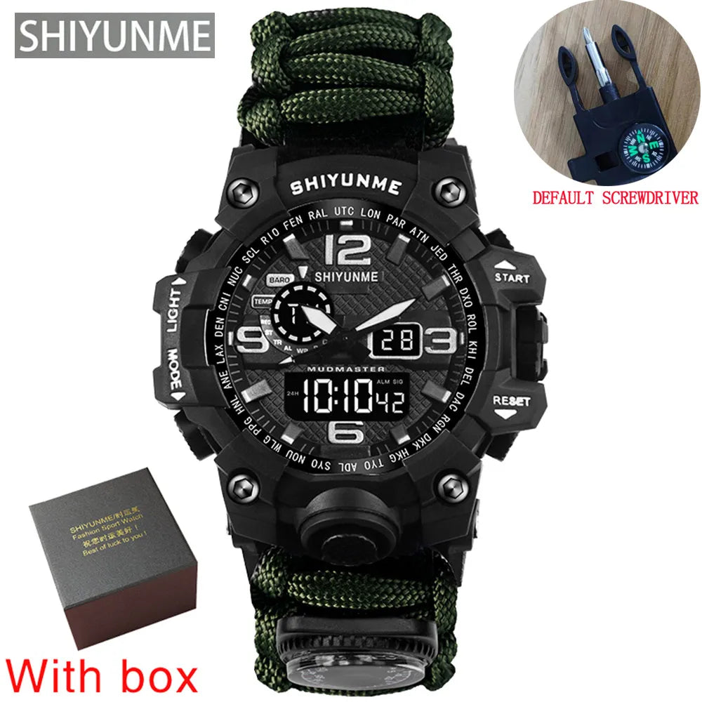 SHIYUNME Outdoor Survival Men Watch Multifunctional Waterproof Military Tactical Paracord Watch Compass Thermometer Quartz Watch