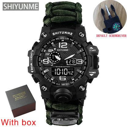 SHIYUNME Outdoor Survival Men Watch Multifunctional Waterproof Military Tactical Paracord Watch Compass Thermometer Quartz Watch