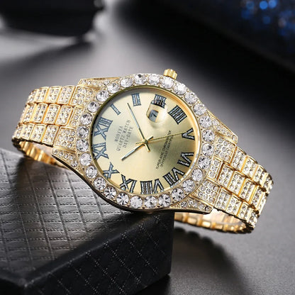 Hip Hop Diamond Bling Watch Men Gold Color Men’s Quartz Watches Luxury Male Clock