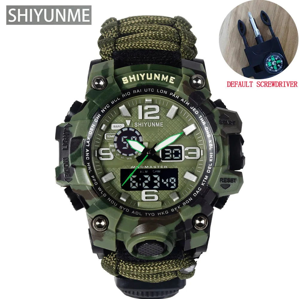 SHIYUNME Outdoor Survival Men Watch Multifunctional Waterproof Military Tactical Paracord Watch Compass Thermometer Quartz Watch