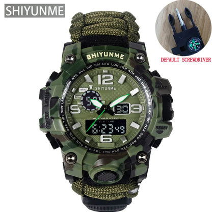 SHIYUNME Outdoor Survival Men Watch Multifunctional Waterproof Military Tactical Paracord Watch Compass Thermometer Quartz Watch