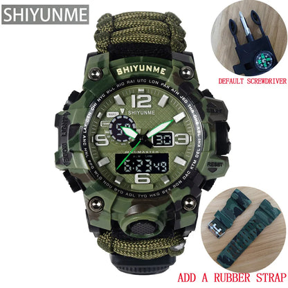 SHIYUNME Outdoor Survival Men Watch Multifunctional Waterproof Military Tactical Paracord Watch Compass Thermometer Quartz Watch