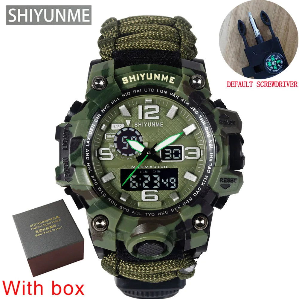 SHIYUNME Outdoor Survival Men Watch Multifunctional Waterproof Military Tactical Paracord Watch Compass Thermometer Quartz Watch
