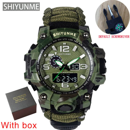 SHIYUNME Outdoor Survival Men Watch Multifunctional Waterproof Military Tactical Paracord Watch Compass Thermometer Quartz Watch
