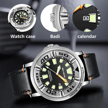 48mm Men Luminous Quartz Watch Leather Strap Wristwatch install Quartz Movement Luxury Crown at 9.0 Diving Men Wristwatch