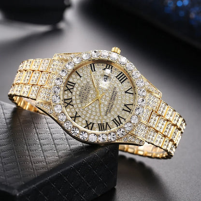 Hip Hop Diamond Bling Watch Men Gold Color Men’s Quartz Watches Luxury Male Clock