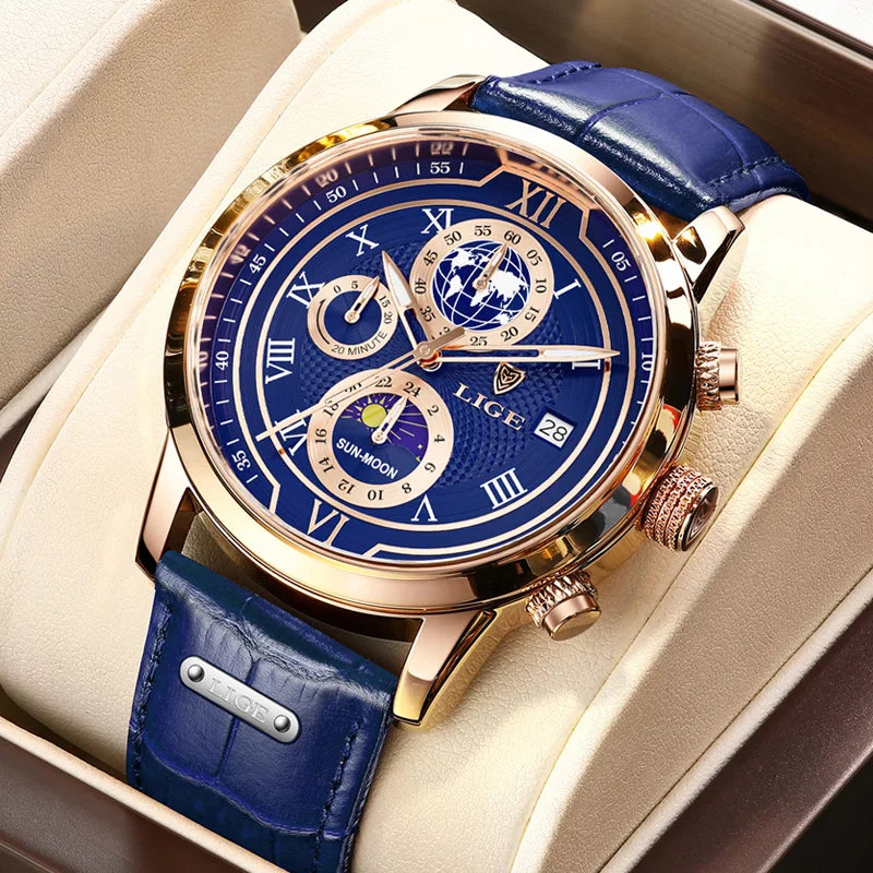 LIGE Quarzuhr mit Chronograph + Box Modell LG8974