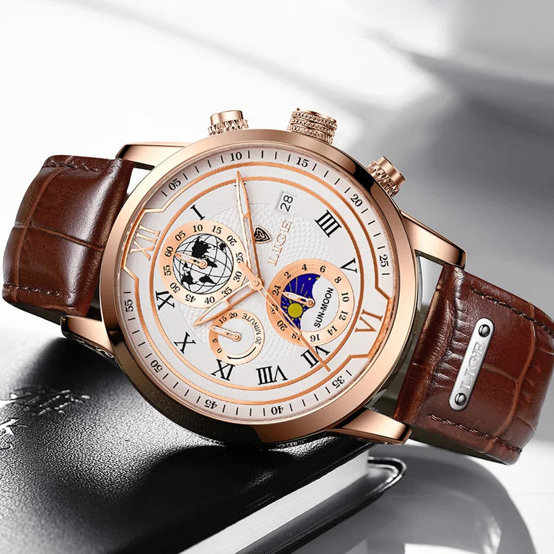 LIGE Quarzuhr mit Chronograph + Box Modell LG8974