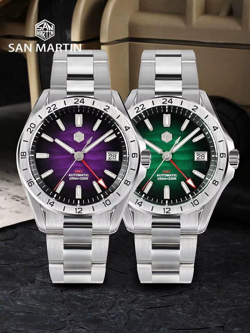 San Martin 39 Mm Lila Wüstentextur-Zifferblatt, Luxuriöse Automatikuhr mit NH34 GMT, Uhrwerk, Wasserdicht, 100 M Leuchtend, SN0129