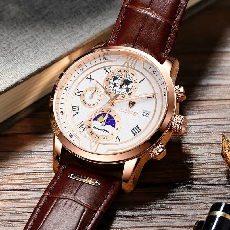 LIGE Quarzuhr mit Chronograph + Box Modell LG8974