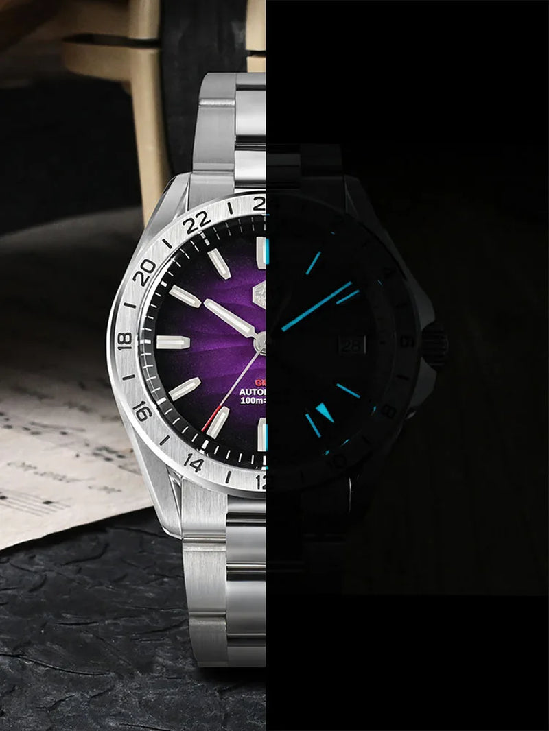 San Martin 39 Mm Lila Wüstentextur-Zifferblatt, Luxuriöse Automatikuhr mit NH34 GMT, Uhrwerk, Wasserdicht, 100 M Leuchtend, SN0129