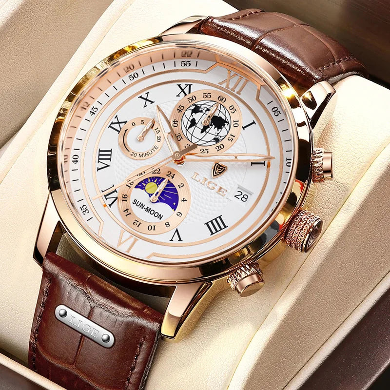 LIGE Quarzuhr mit Chronograph + Box Modell LG8974